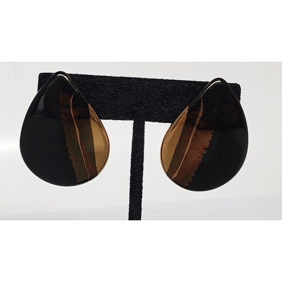 Southwest Bohemian Black & Gold Ceramic Teardrop Earrings Post 2 3/4 inch - Picture 1 of 9
